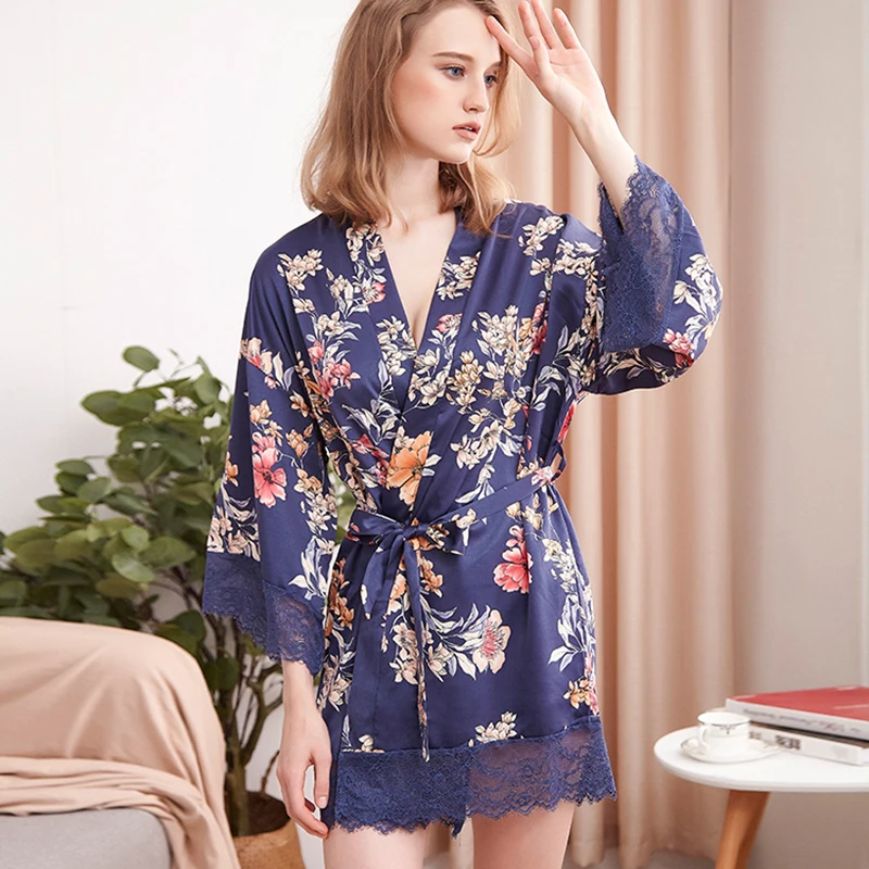 New High-End Style Dressing Gown Women Casual Home Pajamas Ladies Dressing Gown Kimono Printed Silk Soft Silky Bathrobe