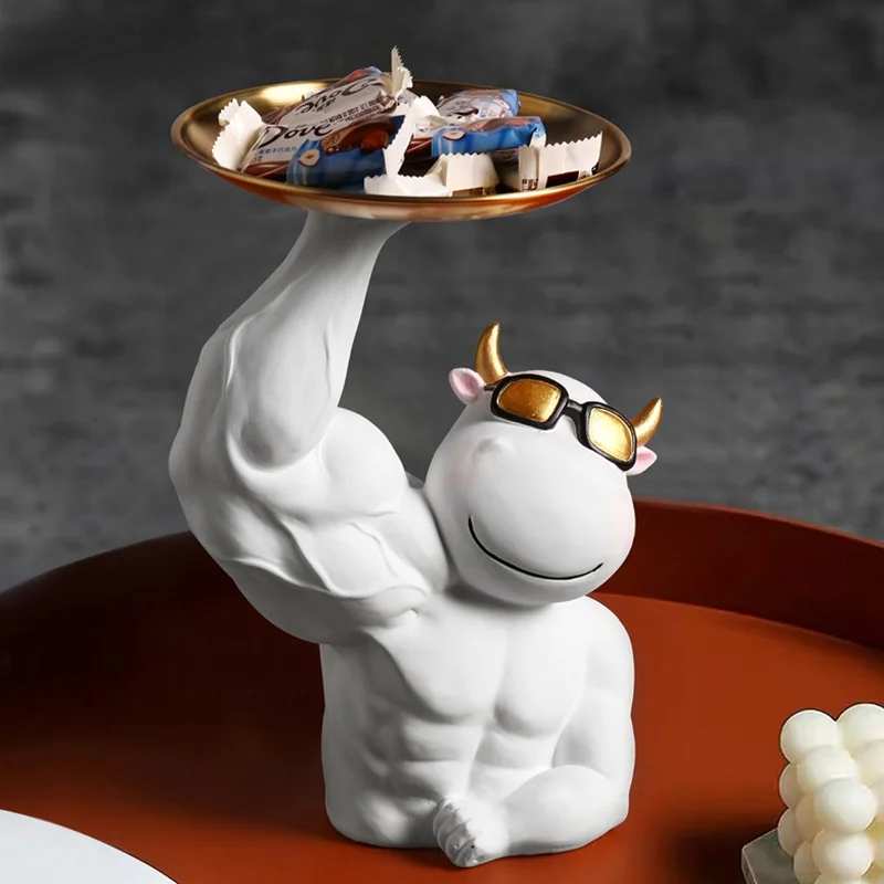 

Home Decor Abstract Muscle Cow Figurine With Tray Desk Storage Statue TV Cabinet Ornaments Sculpture Home Room Decoration Gifts