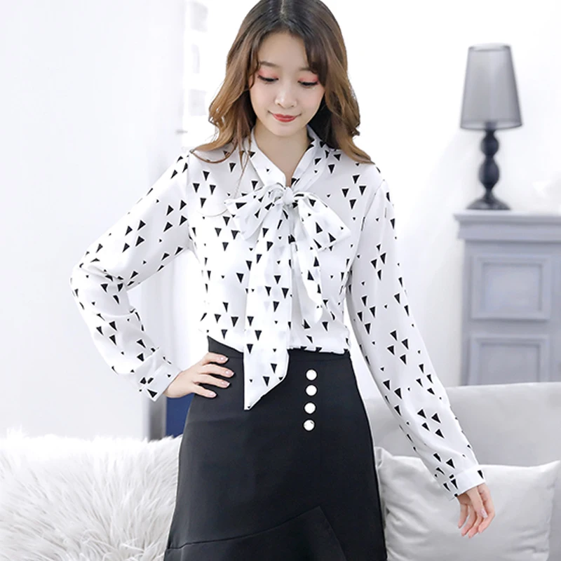 

2021 New Fashion Casual Chiffon Women Tops Elegant Women Shirts Long Sleeve Bow Slim Women Clothing Spring and Autumn 6148 50