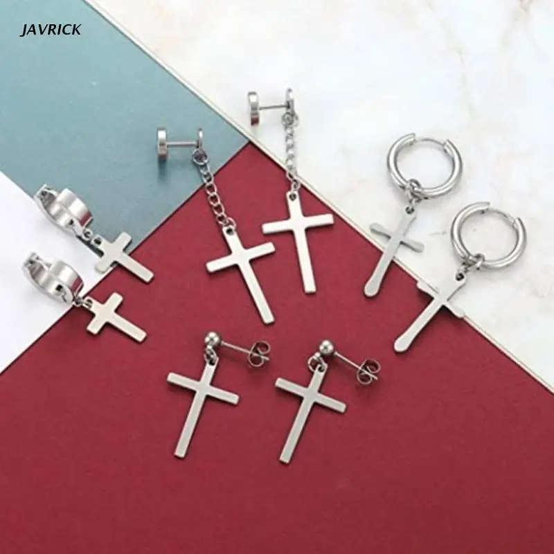 

10 Pairs Stainless Steel Cross Earrings Studs Hoop Earrings Hinged Dangle Cross Earrings Kit for Men and Women Jewelry