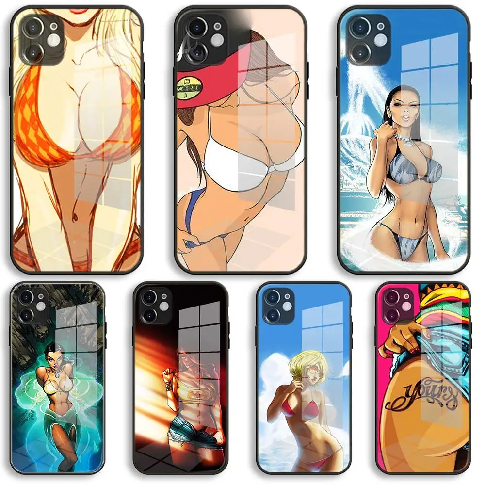 

sexy girl Soft Glass Silicone Case For iPhone 13 12 11 Pro X XS Max XR 8 7 6 Plus SE 2020 S Mini Balck Cover