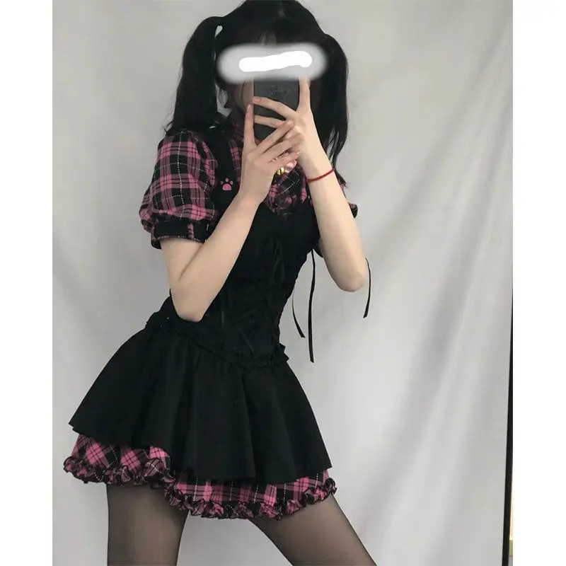 Летние платья для женщин в клетку 2021 Kawaii розовая одежда с коротким рукавом на