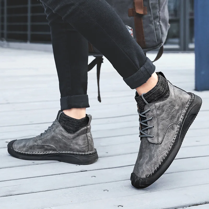 Ботильоны мужские высокие повседневная обувь на шнуровке удобные ботинки носки