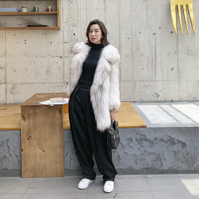 Fashion Slim Real Raccoon Dog Fur Coats Knitted Full Pelt Mid-length Turn-down Collar Oversize Office Lady Winter Women Overcoat