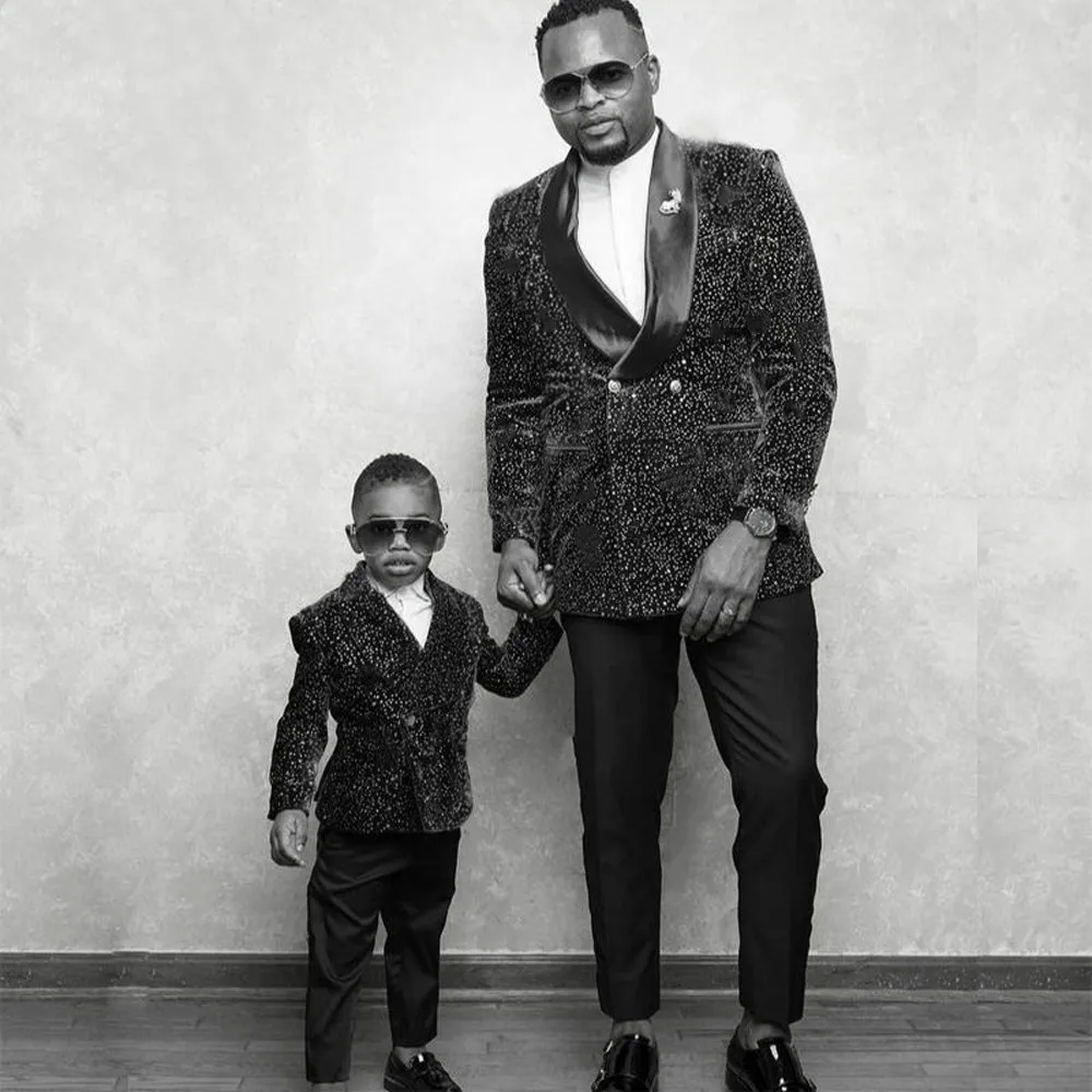 

Shiny Black Double Breasted Wedding Suits men Father son suit Shawl Lapel Slim Fit Male Fashion Tuxedos Party Prom Jackets+pants