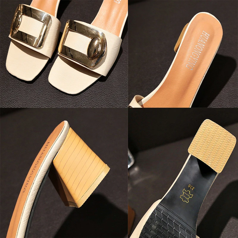 

Fashion Peep Toe Light Non-Slip Wearable Slides Designer Luxury Buckle Sandals Elegant PU Leather Shallow Square Heel Slippers