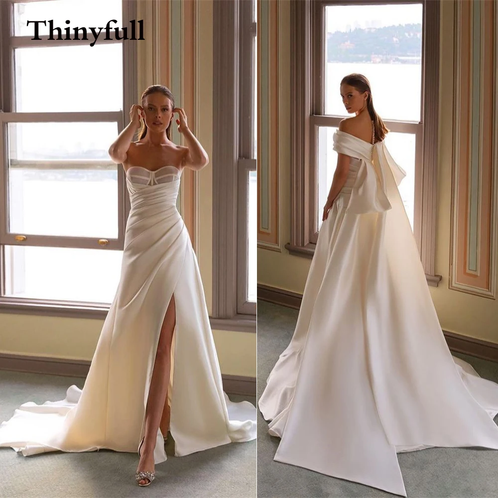 

Thinyfull Simple Long DetachableTrain Wedding Dresses Bridal Gowns Side Slit Beach Princess Dress Country Gown Robe de mariee