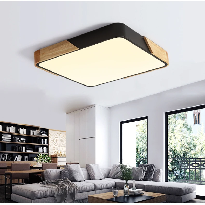 Nordic Square Oak Alloy Led Chandelier Lighting Living Room App Dimmable Led Ceiling Chandelier Lamp Bedroom Led Lights Fixtures