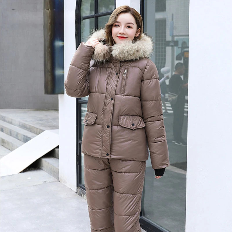Fitaylor Winter Large Natural Fur Collar Jumpsuit Pants Set Women Outdoor Clothing Snow Suits 2 Piece Cotton Bodysuit Pant Coats |