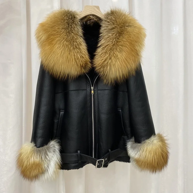 

SHZQ Women Coat Winter Natural Real Sheep Fur Jacket Moto & Biker Short Style New Fashion Oversized Fox Fur Collar Outerwear