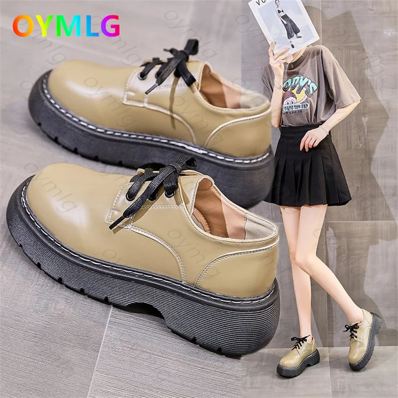 

Women's shoes casual thick-soled white shoes 2021 new single shoe lace-up retro small leather shoes platform shoes