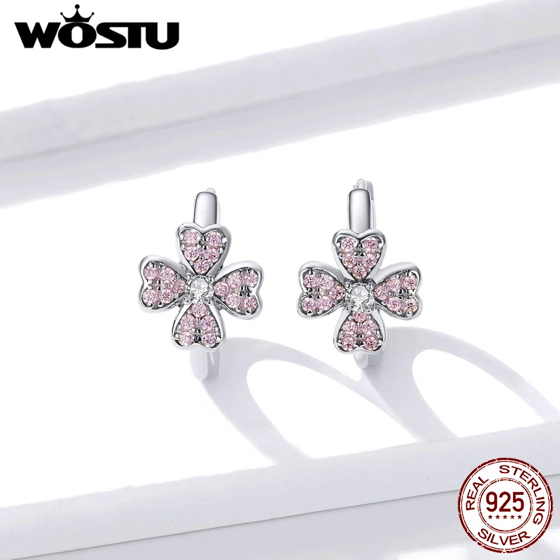 WOSTU подлинное серебро 925 пробы розовые серьги-кольца цветок для женщин прозрачный