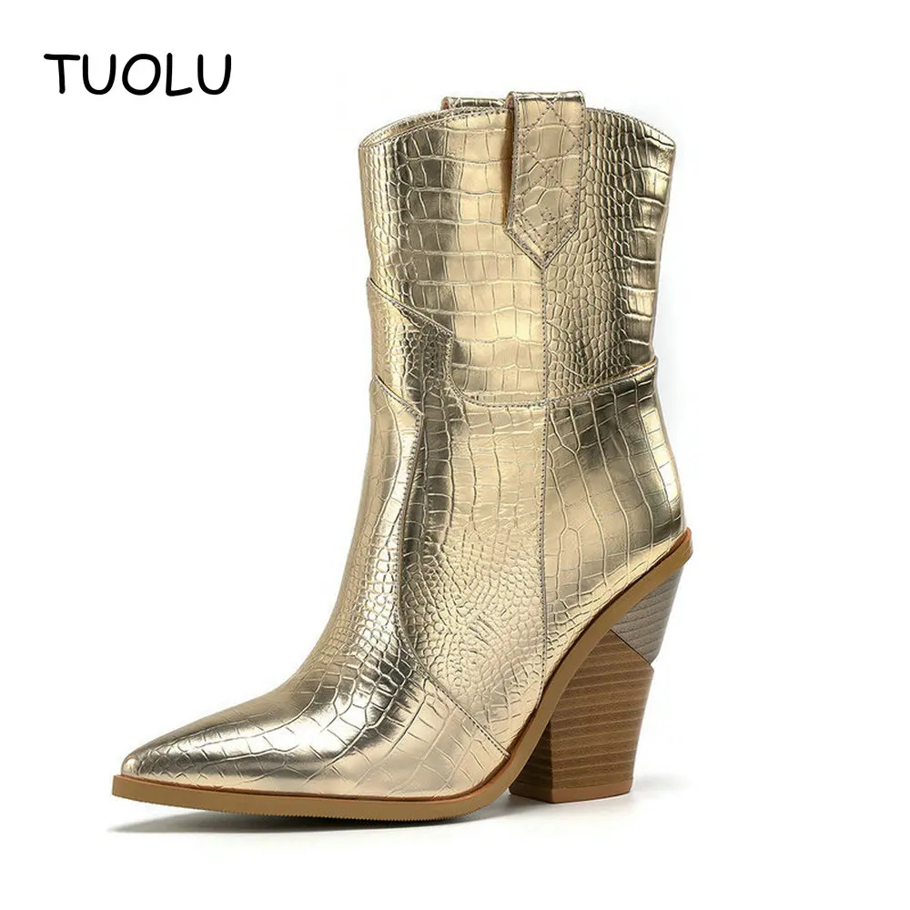 Женские ботинки зимние кожаные ковбойские ботильоны для женщин на танкетке и