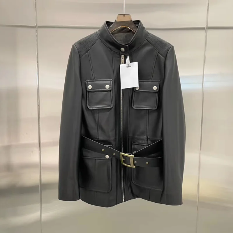 

SHZQ Новое поступление 2021, Женское пальто, весенняя куртка из натуральной кожи стандартной длины, Женская куртка с поясом и карманами в стиле ...