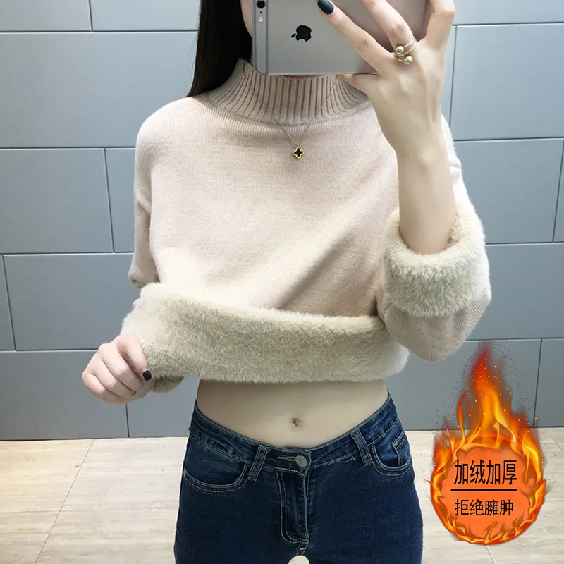 

2020 Plus Velvet Thick Sweater Women's Winter Spring Short High Collar Solid Color Warm Sweater Ladies Wild Bottoming Shirt A543