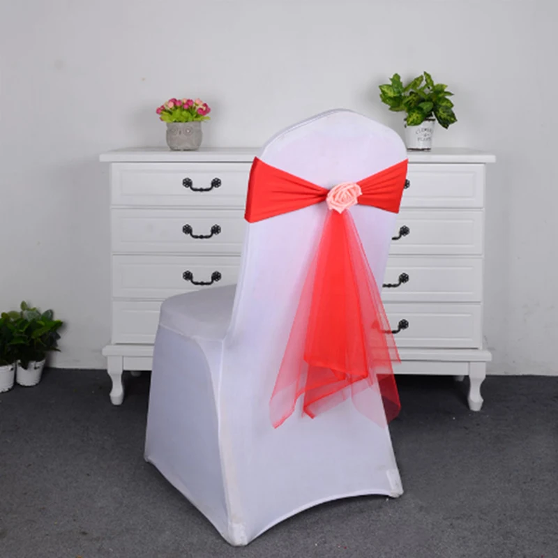 

Creative Spandex Belt With Rose Ball Simulation Rose Flower Organza Chair Window Frame Home Textile Chair Streamers