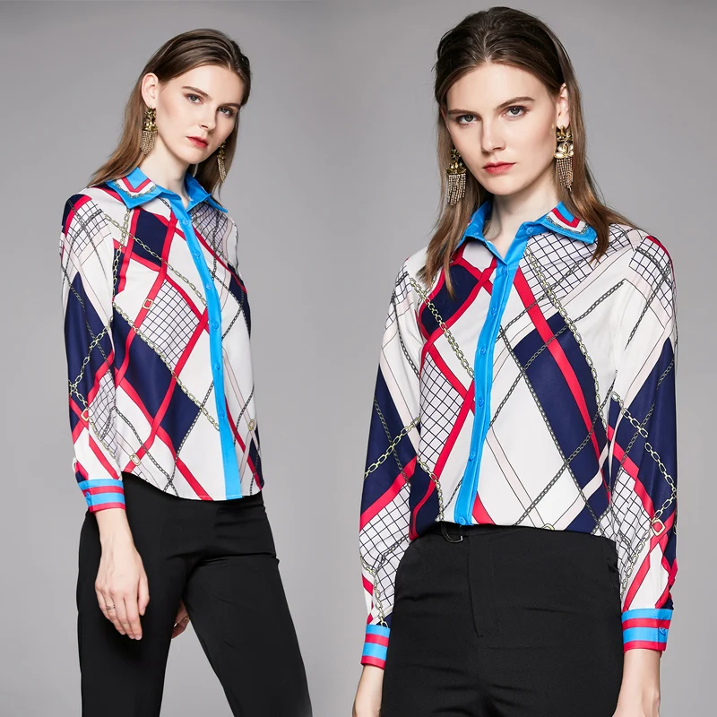 

Женская блузка с принтом, свободная рубашка-поло для девочек, Модный летний сезон, Топ с длинным рукавом, повседневные шифоновые женские блу...