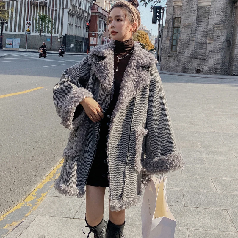 

Gray Houndstooth Furry Spliced Woolen Long Coats Winter Women Zipper Turn-Down Raglan Sleeve Wide-Waisted Fashion Jacket Women