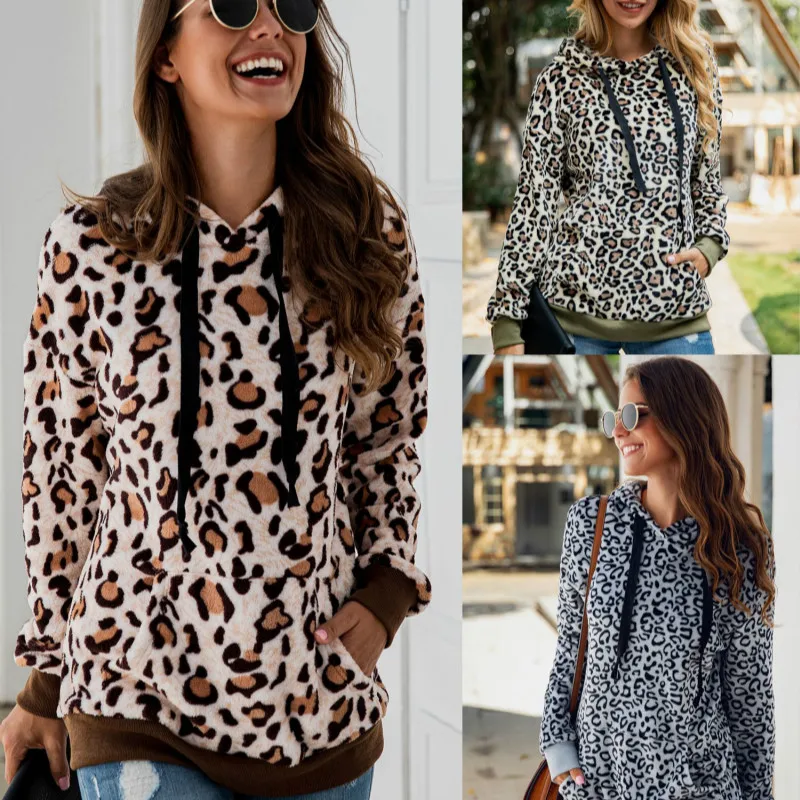 Женская толстовка с капюшоном Черная Толстовка длинным рукавом и леопардовым