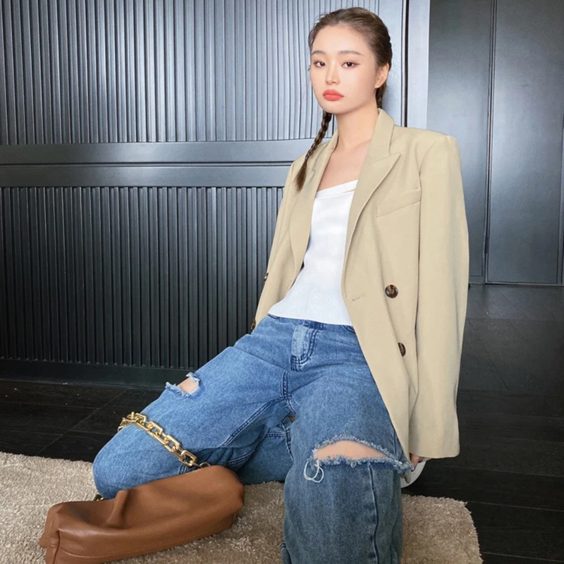 

[EAM] Women apricot big size double breasted Blazer New Lapel Long Sleeve Loose Fit Jacket Fashion Spring Autumn 2021 1DC263