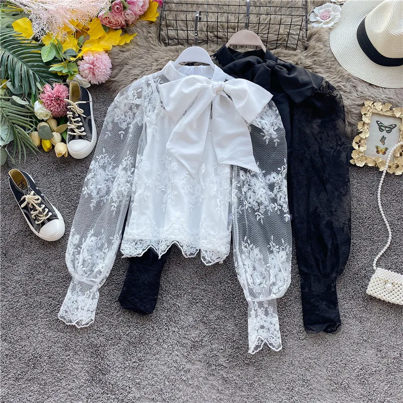 

White Bow Stand Collar Puff Sleeves Lace Shirt Top Women's 2020 Summer New Sexy Perspective Fashion Elegant Women Shirt Tops