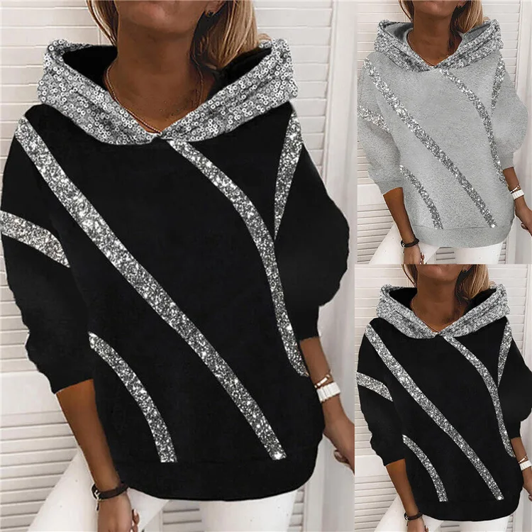 

2021 Autumn Fashion Women's Wear, Round Neck Elegant Sexy Long Sleeve Sequin Printed Loose Hoodie.streetwear Sweatshirt Women