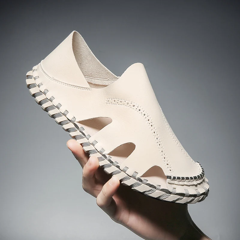 Сандалии мужские с открытым носком дышащие удобные кожаные туфли без застежки