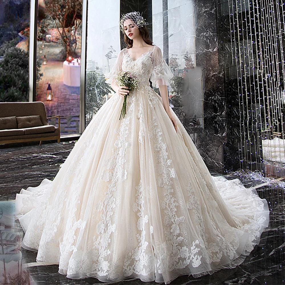 

Romantic Wedding Dress V-neck Lace Up Back Beading Appliques See Through Illusion White Bridal Gown A Line Alibaba China