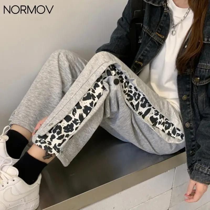 

NORMOV Women Pants Fashion Leopard Stitching Spring Autumn Straight Pants High Waist Loose Sports Trousers Korean Harem Pants