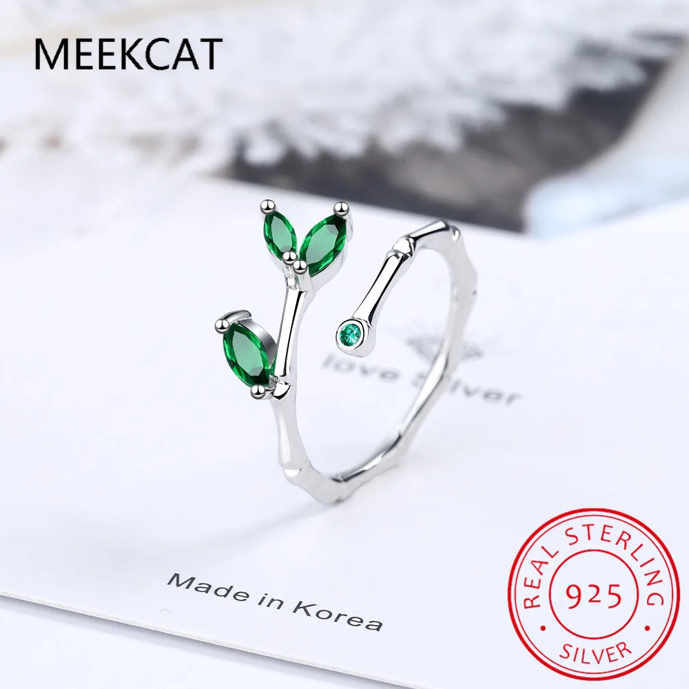 Luxurious New Fine Jewelry Ring Real 925 Sterling Silver Leaves Emerald Green Slub Open Rings For Women Anillos BC040