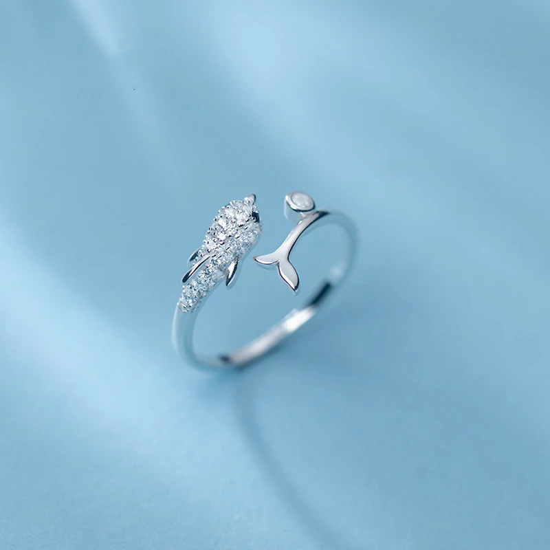 

925 Sterling Silver Zircon Dolphin Ring For Women Adjustable Fine Jewelry Female Animal Lovely Cute Gift Girl On Finger