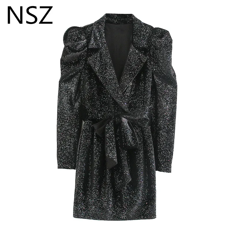 NSZ женское платье-блейзер с блестками длинным рукавом и зубчатым вырезом поясом