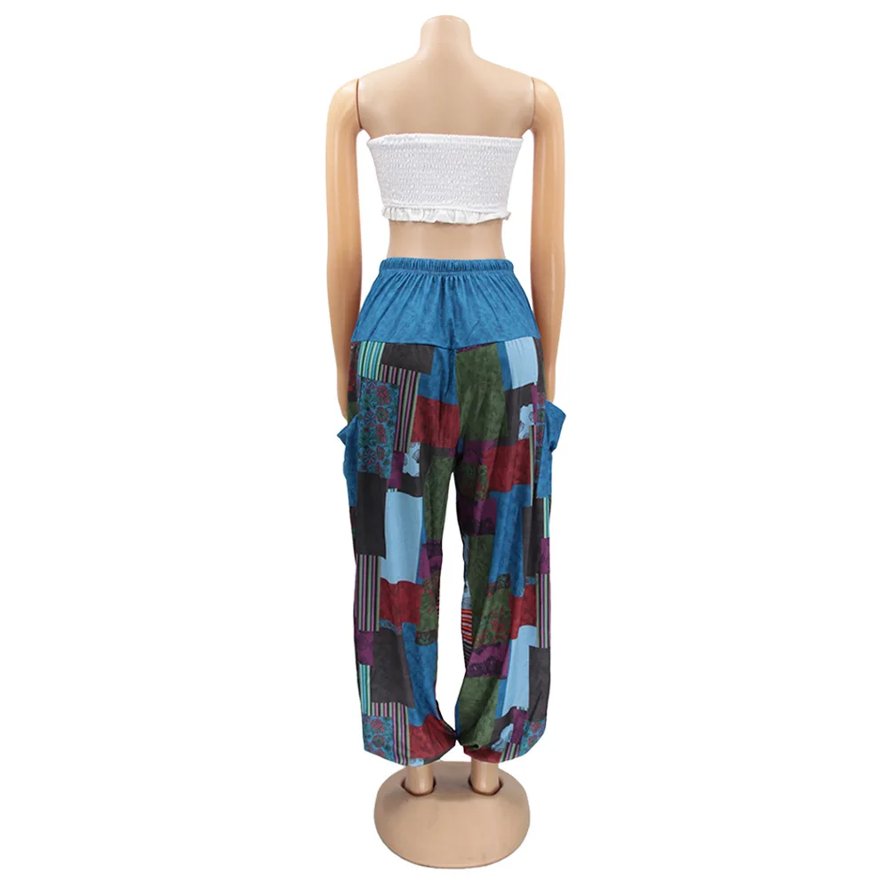 

Elastic Waist Drawstring Irregular Baggy Pants Women Casual Geometric Pattern Loose Trouser Streetwear Side Pockets Sweatpant