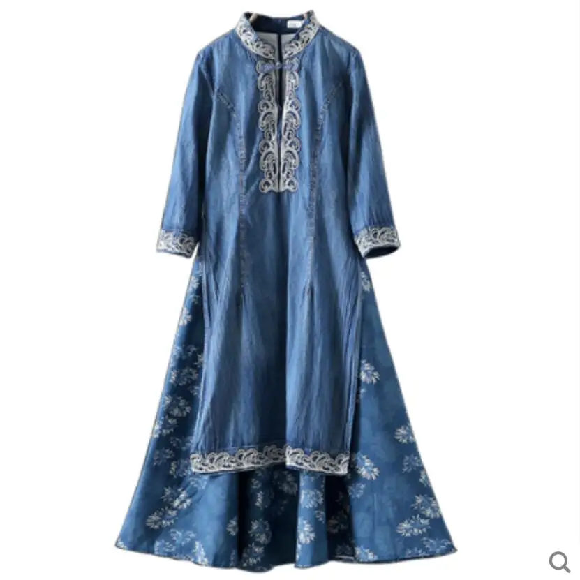 Женское джинсовое платье с вышивкой винтажное облегающее платье-трапеция