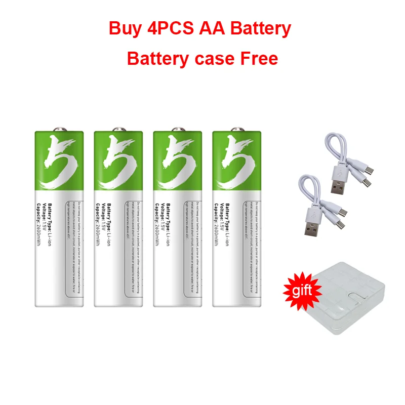 

Original USB AA Rechargeable Batteries 1.5V 2600 mWh li-ion battery for remote control mouseElectric toy battery + Type-C Cable