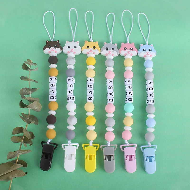 

Custom Personalised Name Pacifier Clips Holder Chain Baby Appease Pacifier Rope Animal Silicone Beads Chain Teether Toy Infant