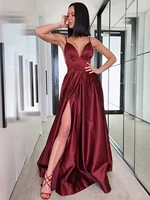 2022 new long evening gowns high slit satin spaghetti straps sweetheart a line long burgundy prom dresses robe de soir%c3%a9e femme