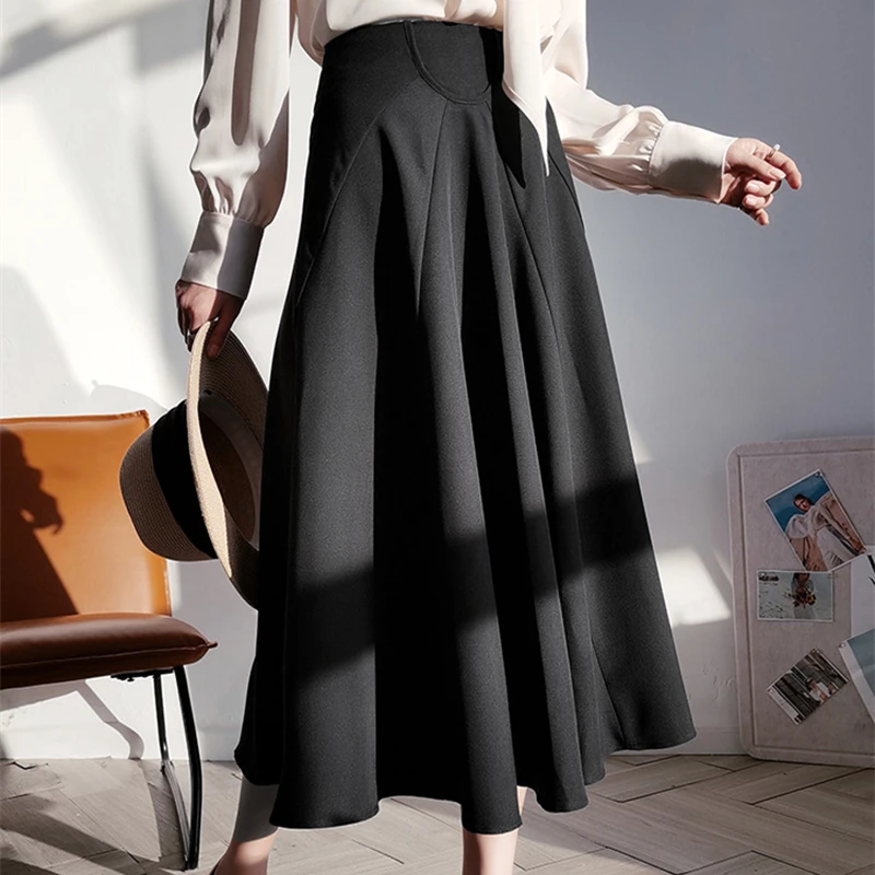 

Women's High Waist Pleated Skirt Elegant And Versatile A-Line Skirt Black Large Swing Umbrella Skirt Medium Length Skirt Women's