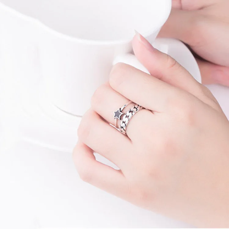 

Bohemian Vintage 925 Sterling Silver Black Star Rings for Women Statement Jewelry Adjustable Finger Ring Girls Gifts