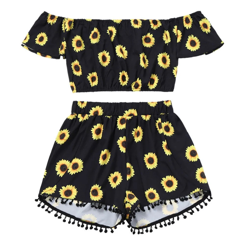 

Crop Tops Tassel Shorts Two-piece Women Off Shoulder Sunflower Print Female Outfit Summer Tracksuit Clothes Streetwear 2021