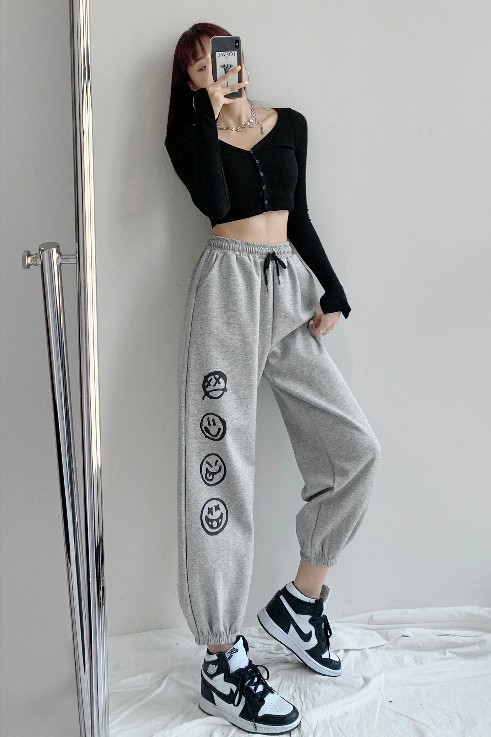 

WOMENGAGA Graffiti Smile Face Loose Sports Pants Women's Autumn Winter Grey Casual Leggings Straight Tube Harem Pants 1WRD