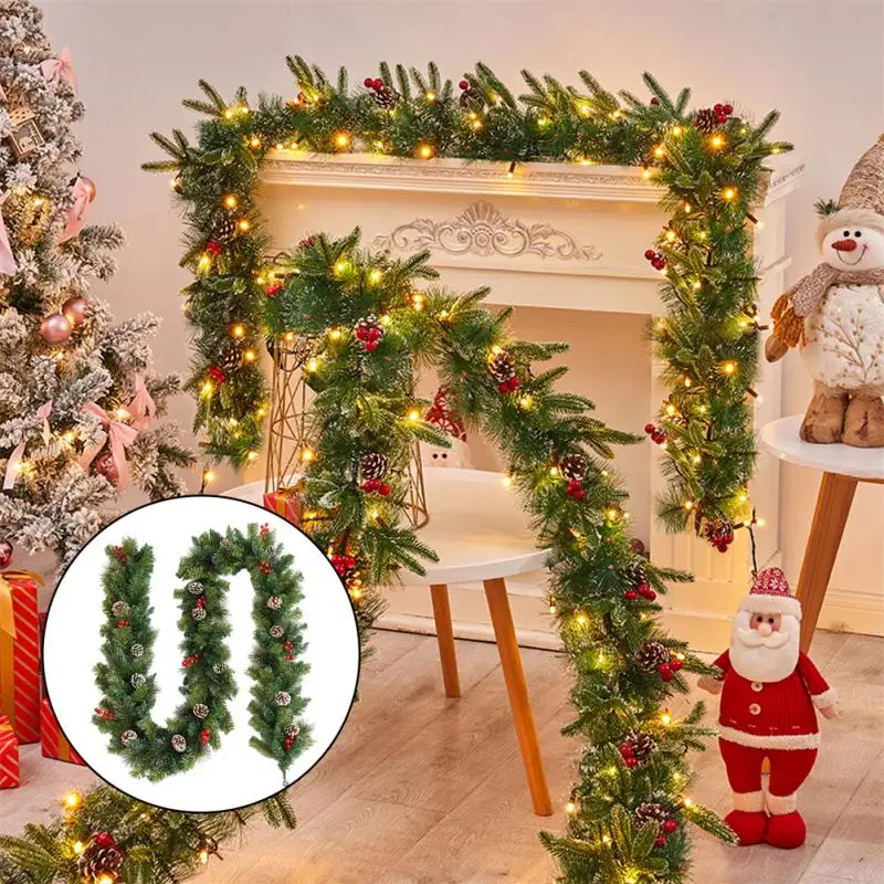 

1.8 M Christmas Wreath Ornament LED Lights Red Berry Rattan Garland Decorative Artificial Xmas Tree Rattan Decoration Wreaths