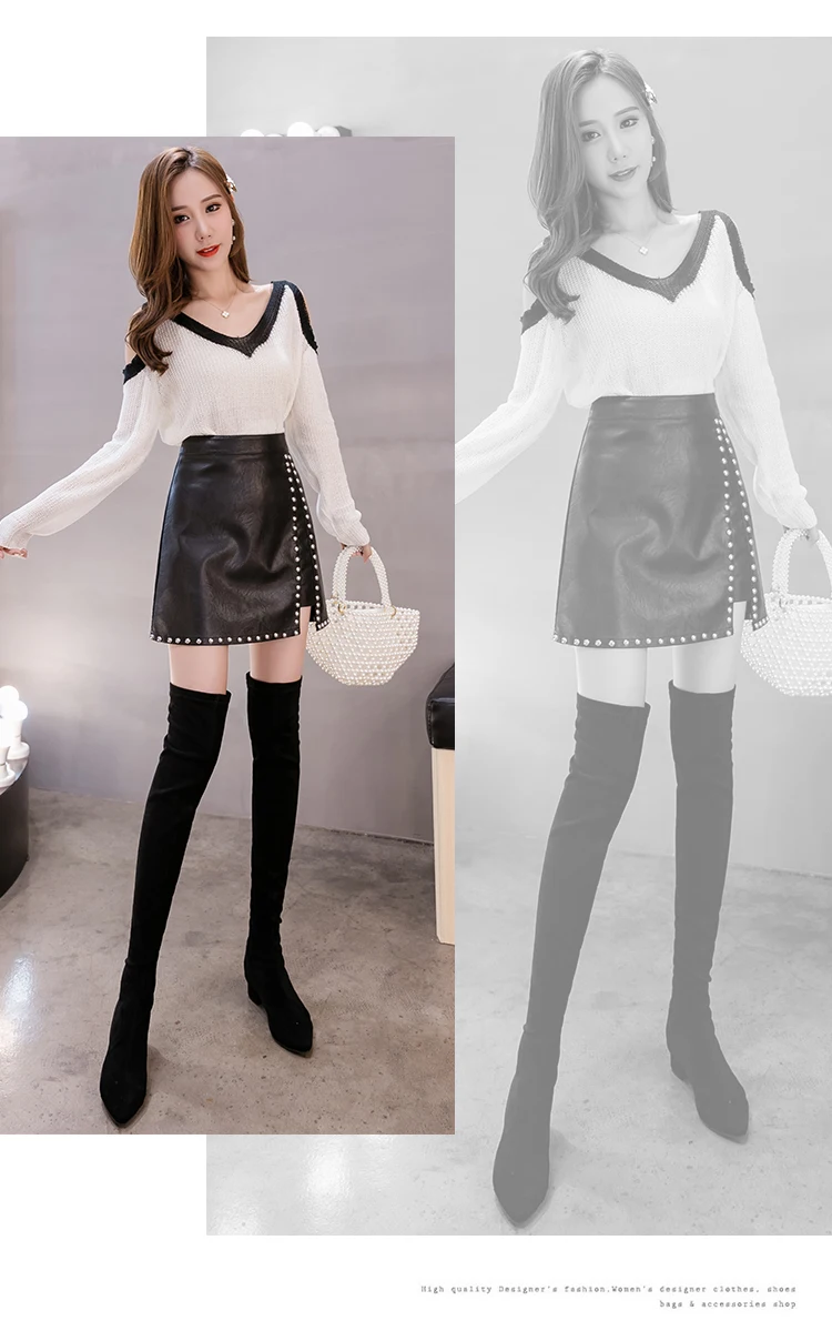 Женская юбка-карандаш из ПУ кожи с заклепками и высокой талией | одежда