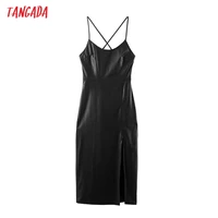tangada womens party dress solid black faux leather midi dress strap sleeveless 2021 fashion lady elegant dresses 3h918