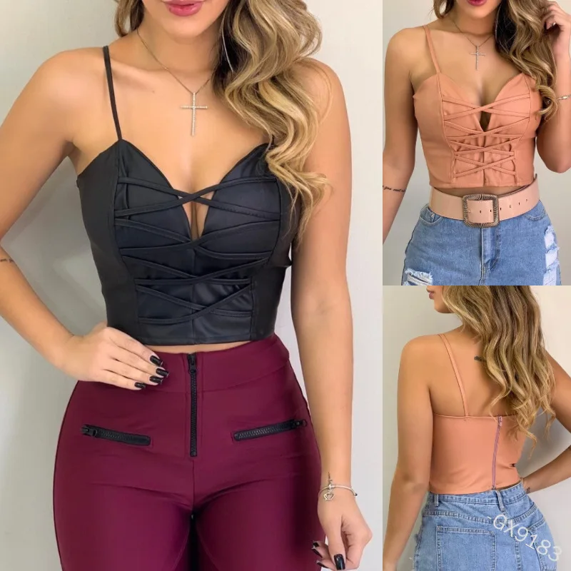 

WEPBEL Spaghetti Strap Sports Bras Women's Casual Solid Color Bandage Slim Camis Summer V-neck Backless Zipper Sports Camis