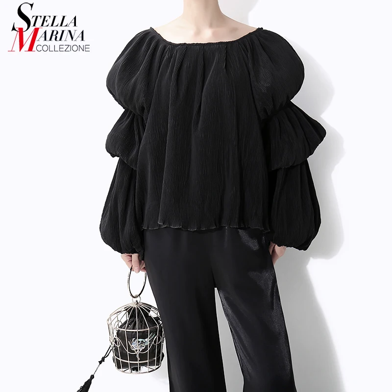 * 2019 корейский стиль Женская однотонная черная негабаритная блузка с длинными