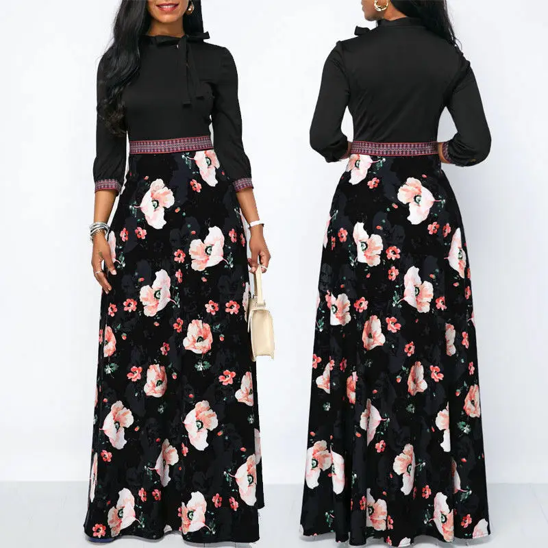 Женское длинное платье в стиле бохо черное Повседневное Платье макси с длинным