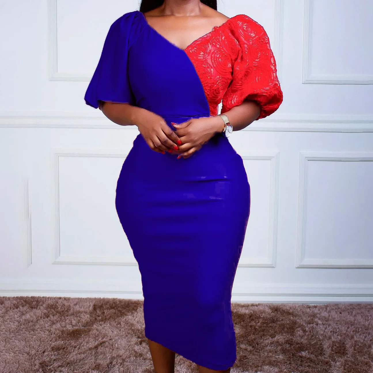 

Temperament Commuter High Waist V-neck Puff Sleeve Contrast Color Office Dress