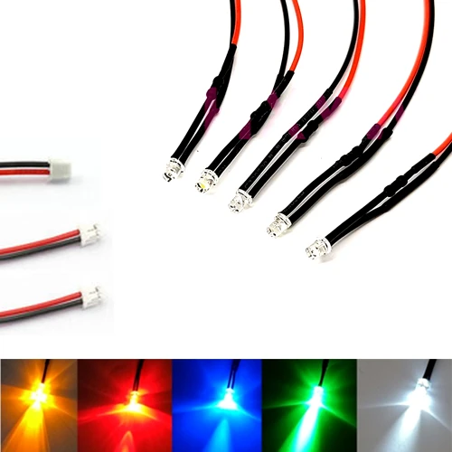 

50Pcs 2V 3V 5V 6V 9V 12V Flat Head Clear 3mm Pre-wired LED With 20cm Red&Black Wire And ZH1.5 Plug, White Red Blue Green Yellow