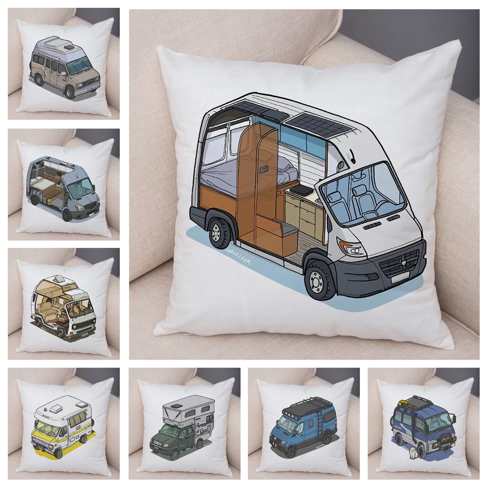 

Happy Camper Pillowcase Cartoon House Travel Car Super Soft Plush Pillow Case Decor Van Life Cushion Cover for Sofa Home 45x45cm